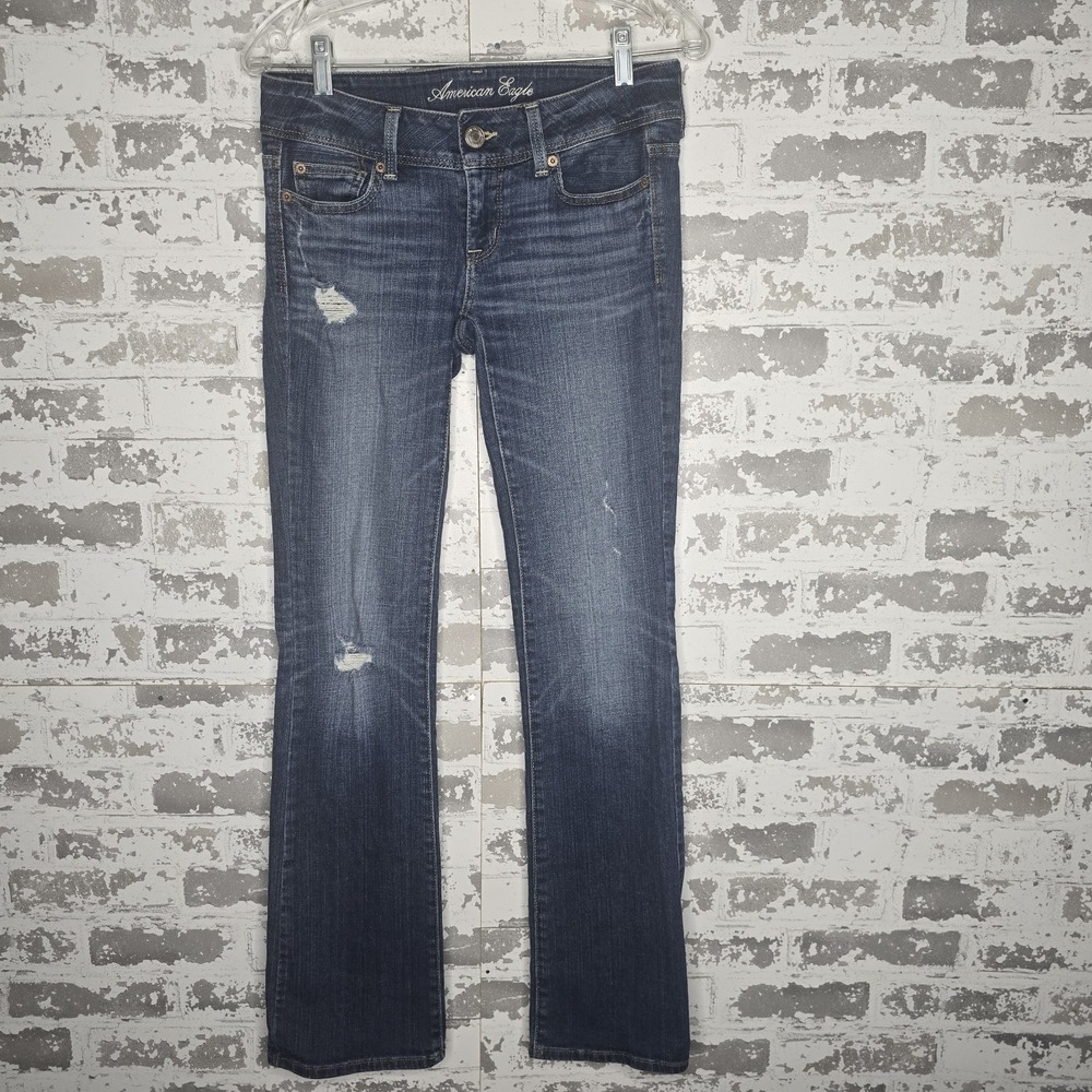American Eagle Jeans Women 2 Low Rise Slim Bootcut Blue Distressed Denim Stretch